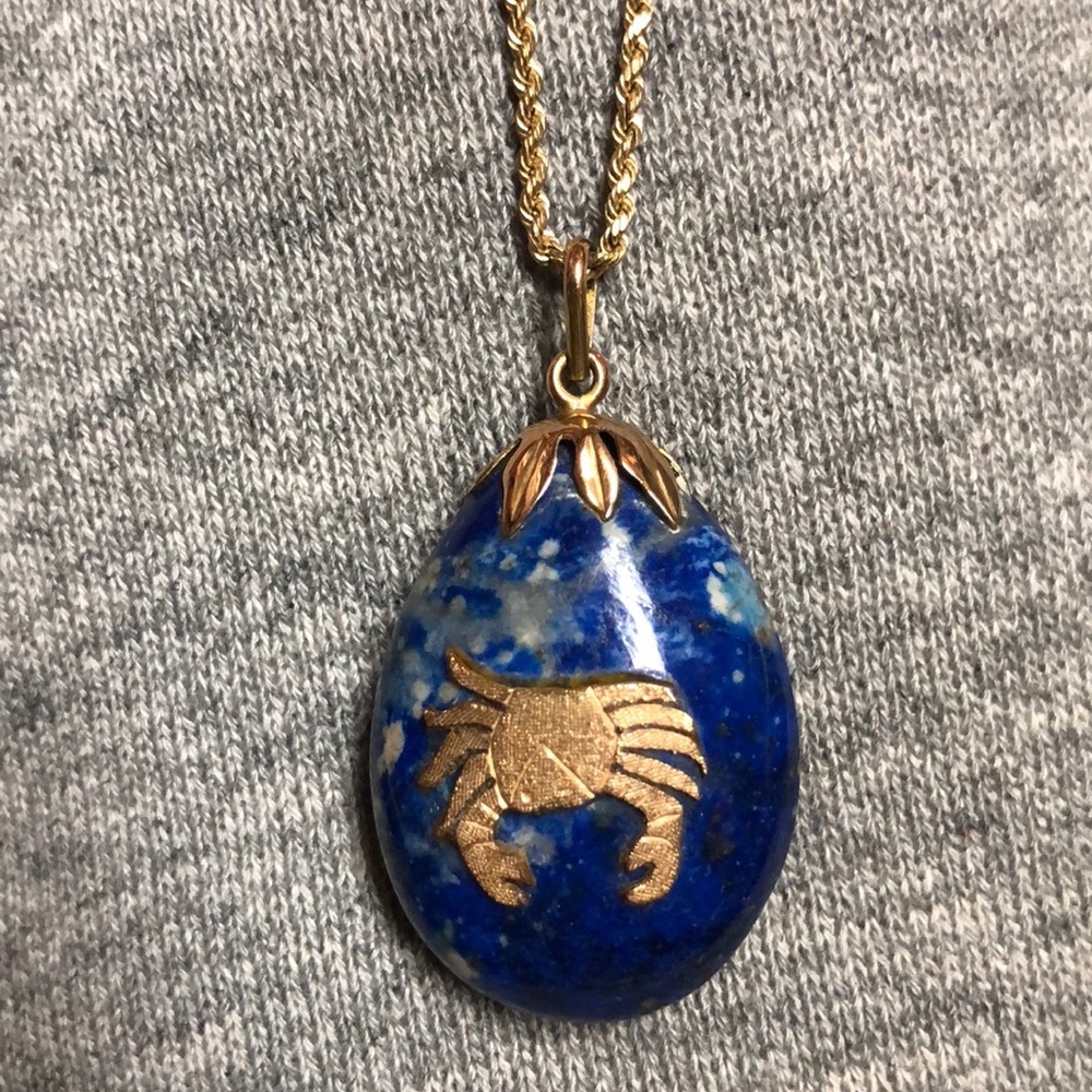 Blue Lapis & 10k Gold Necklace w Zodiac Crab